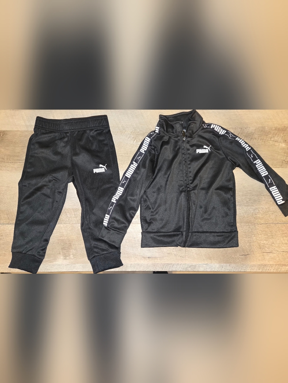Puma Black Track Jacket and Pants with White Logo Tape